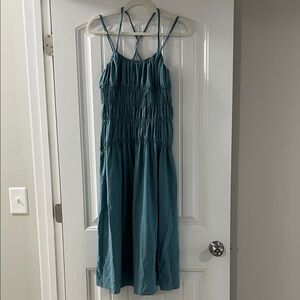 HALARA Teal Smocked Midi Dress with Crossback Straps
